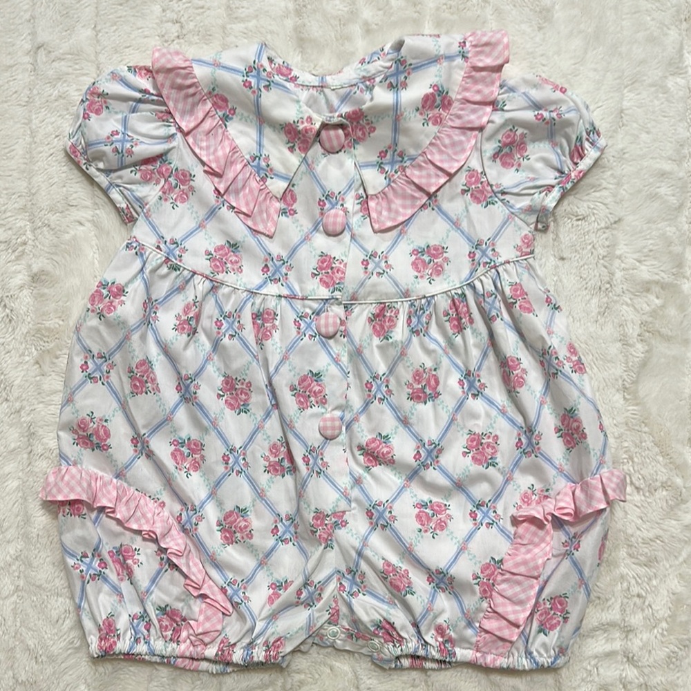 Vintage Floral Baby Romper with Pink gingham ruffles and buttons 2t